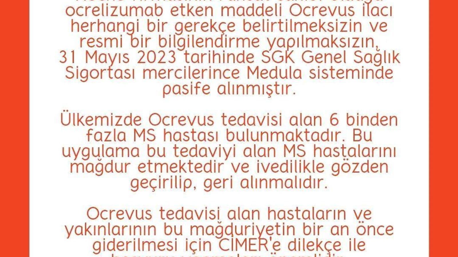 Pasife Alınan Ocrevus İlacı - Dilekçe Örneği